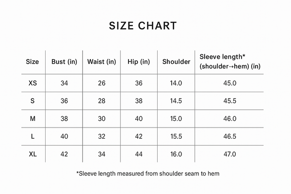 Size chart for Red Scarlett