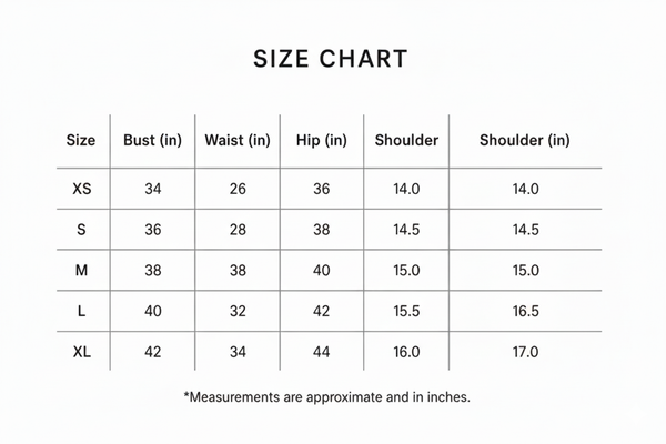 Size chart for Teal Mist